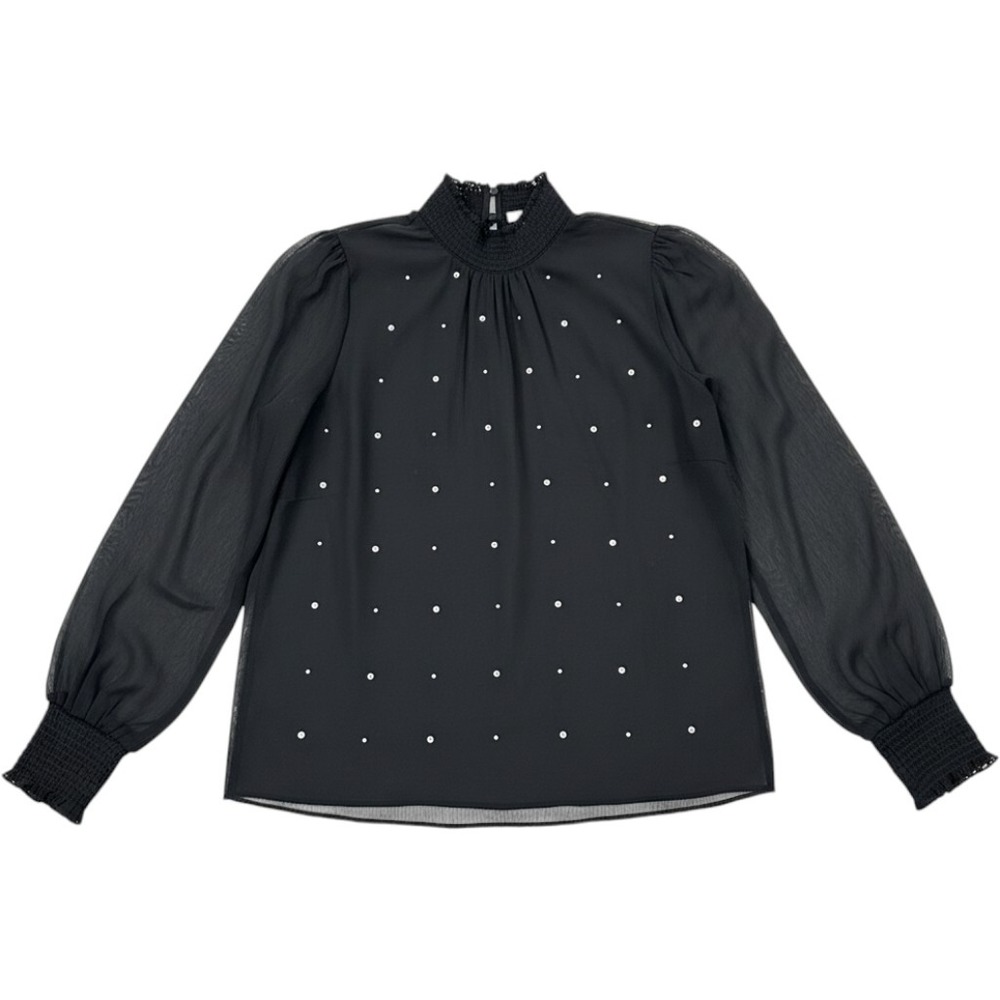 1.STATE Womens Black Rhinestone Embellished Smocked Mock Neck Blouse Size M NWT